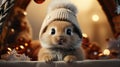 Happy lovely bunny with gift box Christmas on Chrismas tree background.