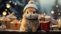 Happy lovely bunny with gift box Christmas on Chrismas tree background.