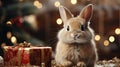 Happy lovely bunny with gift box Christmas on Chrismas tree background.