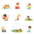 Happy and lovely children play and dream. Cartoon detailed colorful Illustrations