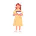 Happy lovely girl standing with pile of books. Sweet kid holding stack of textbooks from school library. Colored flat