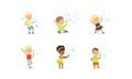 Happy Lovely Kids Playing Soap Bubbles Set, Cute Boys and Girls Blowing Out Bubbles and Having Fun at Holiday or