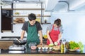 Happy lovely young Asian couple with casual clothes in modern kitchen is preparing, cooking healthy food as fresh organic Royalty Free Stock Photo