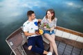 Happy lovers relaxing in boat on a lake Royalty Free Stock Photo