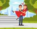 Happy loving couple having romantic date outdoors. Man carrying beautiful woman on his hands cartoon vector Royalty Free Stock Photo
