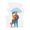 Happy Loving Couple Hugging Walking in Rainy Autumn Weather under Umbrella, People Speaking, Enjoying Relations, Love