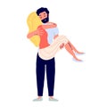 Happy loving couple, man carrying his girlfriend in his arms. Cartoon  illustration on white background. Portrait of loving Royalty Free Stock Photo