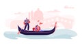 Happy Loving Couple Sitting in Gondola with Gondolier Floating at Canal Hugging with Hearts Around, Love in Venice. Man and Woman Royalty Free Stock Photo