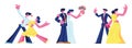 Happy Loving Couple Spare Time Relations Set. Man and Woman Dancing, Going to Restaurant for Dating, Bride and Groom