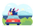 Happy Loving Couple Travel Together. Man and Woman Sitting on Roof of Car Hugging and Looking on Sunset or Sunrise