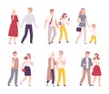 Happy loving couples walking together set. Happy families spending time together flat vector illustration Royalty Free Stock Photo