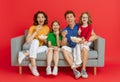 Happy loving family on bright color background Royalty Free Stock Photo