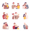 Happy Loving Family. Smiling Parents and Their Kids Embracing Each Other Vector Illustrations Set