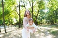 Happy loving mother and her baby having fun outdoors in the park Royalty Free Stock Photo