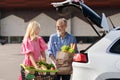 Happy loving senior couple doing shopping together, standing by car Royalty Free Stock Photo