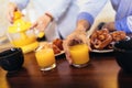 Loving senior couple having fun preparing healthy food on breakfast in the kitchen Royalty Free Stock Photo