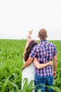 Happy loving young adult couple spending time on the field on sunny day Royalty Free Stock Photo