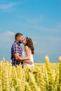 Happy loving young adult couple spending time on the field on sunny day. Royalty Free Stock Photo