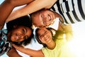 Happy, low angle and portrait of kids on camp for friendship, playing and fun together. Diversity, youth and girls Royalty Free Stock Photo
