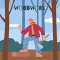 Happy lumberjack holds axe in forest, flat vector illustration.