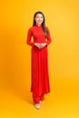 Happy lunar new year. Asian girl in vietnamese traditional dress ao dai on yellow background