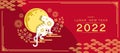 Happy lunar new year 2022 - white and gold tiger zodiac standing on cloud and full moon with firwork and flower around on red