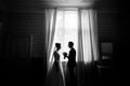 Happy luxury bride and groom standing at window light in rich room, black and white photo Royalty Free Stock Photo