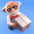 Happy mad scientist takes delivery of a cardboard box package, 3d render