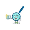 Happy magnifying glass mascot style toast with a glass of beer Royalty Free Stock Photo