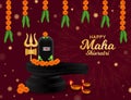 Happy Maha Shivratri Poster. Greeting Card for Traditional Hindu festival with shivling, trishul, bilva leaf and flowers. Social