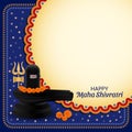 Happy Maha Shivratri Poster with space for text. Greeting Card for Traditional Hindu festival with shivling, trishul, flowers.