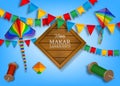 Happy Makar Sankranti background. Indian kite festival poster with kites and pennants Royalty Free Stock Photo