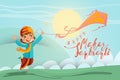 Happy Makar Sankranti day card, background. Cute cartoon indian boy playing with kite