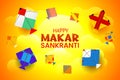 happy makar sankranti festival banner design on yellow cloud background with colorful kites Royalty Free Stock Photo