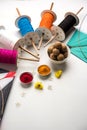 Happy Makar Sankranti Festival - Tilgul or Til ladoo in a bowl or plate with haldi kumkum and flowers with Fikri /Reel/Chakri /Spo Royalty Free Stock Photo