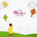 Happy Makar Sankranti Greeting Card With Back View Of Young Boy Flying Kite, Clouds, Sunshine On White And Green