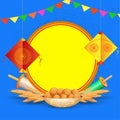 Happy Makar Sankranti greeting card design with hanging kite, string spool, wheat ear and Indian sweets. Royalty Free Stock Photo