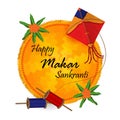 Happy Makar Sankranti, Hindu festival of Makar Sankranti with a kite, spool, mango leaves, and marigold flowers, Colorful flying Royalty Free Stock Photo