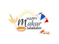 Happy Makar Sankranti text with sunshine, kite, string spool, wheat ear and Indian sweets. Royalty Free Stock Photo