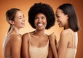 Happy, makeup and women group smile with skincare for face against a mockup studio background. Group of diversity model Royalty Free Stock Photo