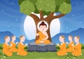 Happy Makha Bucha Day Template Hand Drawn Cartoon Flat Illustration Buddha Sitting in Lotus Flower under Bodhi Tree at Night