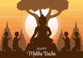 Happy Makha Bucha Day Template Hand Drawn Cartoon Flat Illustration Buddha Sitting in Lotus Flower under Bodhi Tree at Night