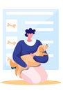 Happy male character petting a dog. The owner has fun with his pet. List with symbols of bones