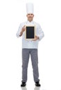 Happy male chef cook holding blank menu board Royalty Free Stock Photo