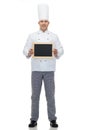 Happy male chef cook holding blank menu board Royalty Free Stock Photo