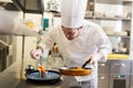 Happy male chef cooking food at restaurant kitchen Royalty Free Stock Photo