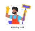Happy male cleaning staff member is holding brush in gloves on white background