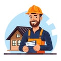Happy male construction worker holding blueprints, standing front house sketch. Professional
