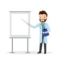 Happy male doctor presenting,medical seminar,place for text