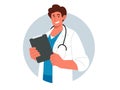 Smiling male doctor in white coat holding clipboard.Vector flat illustration Royalty Free Stock Photo